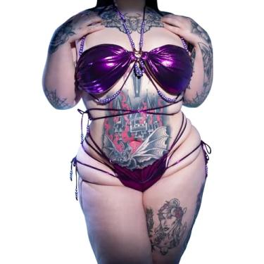 Imagem de Traje de banho de sereia de ninfa – Fantasia de sereia cosplay conjunto de natação com sutiã de concha, correntes de pérolas, Roxa, L/XL