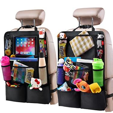 Imagem de H Helteko Organizador de carro para banco traseiro, protetor de assento traseiro com suporte de tablet para tela sensível ao toque, organizador de assento traseiro para crianças, acessórios de viagem de carro, tapete com 9 bolsos de armazenamento, pacote com 2