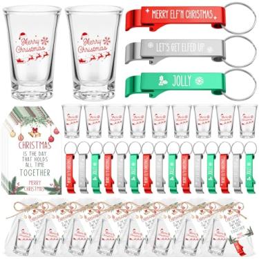 Imagem de Roshtia 36 peças de lembrancinhas de festa de Natal, 34 g, copos de acrílico de 34 g, abridor de garrafas, chaveiro com cartões comemorativos e sacos de organza, suprimentos de Natal para convidados