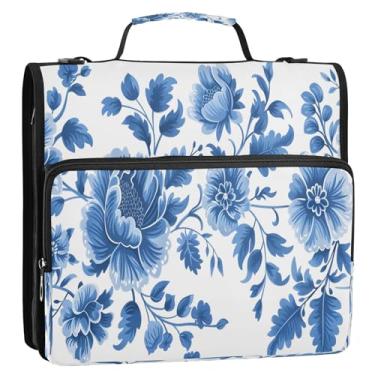 Imagem de CEBUGI Fichário de 3 anéis com zíper com alça de ombro, pasta de arquivo expansível de 3,8 cm, anéis D, para escola, escritório, azul e floral