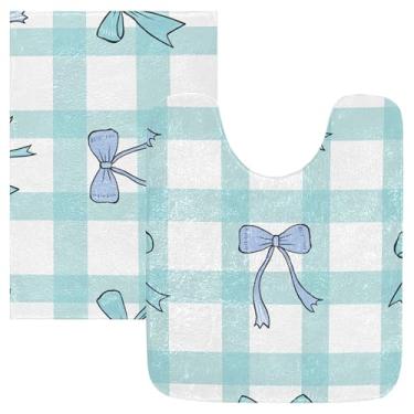 Imagem de Burbuja Conjunto de tapetes de banheiro xadrez, tapete de banho macio e absorvente, base de vaso sanitário antiderrapante para banheiro