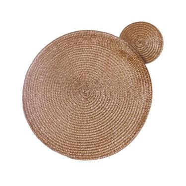 Imagem de Jogo Americano Sousplat 30cm com Porta Copos 10cm, Fibra Sintética Trançada, Kit 4 Peças para Mesa Posta - MELLUZ (4, Ferrugem)