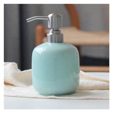 Imagem de WYNSJDBB Dispensador de sabonete, decoração de hotel, garrafas de cerâmica para garrafa líquida de bancada com bomba de aço inoxidável prata recarregável (cor: azul)