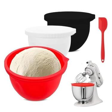 Imagem de Forros de tigela de silicone para misturadores KitchenAid de 5 Qt, pacote com 3 com tampas, inserção antiderrapante para fácil mistura e limpeza, forros duráveis reutilizáveis para tigelas