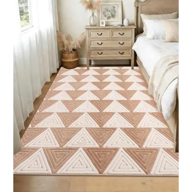 Imagem de YIHOUSE Tapetes neutros ultra macios 12 x 18 cm, tapete geométrico bege com padrões triangulares, tapete liso confortável para quarto, tapetes laváveis Japandi para sala de estar