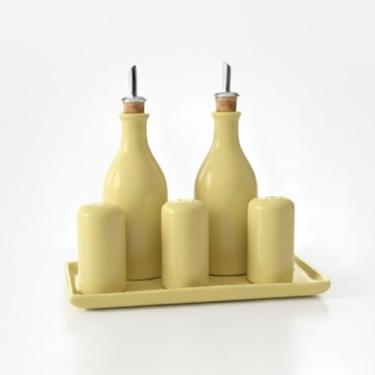 Imagem de Galheteiro Gourmet 6 Peças em Cerâmica Elegância e Organização para sua Mesa Posta,Bandeja e Bico Dosador – Porta Azeite, Vinagre, Sal,Pimenta e paliteiro (AMARELO)