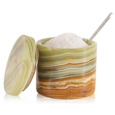 Imagem de SPESHSTONES Adega de sal de mármore com tampa e colher - pote de temperos - armazenamento de cozinha - caixa de sal - recipiente de tempero feito à mão - açucareiro (verde)