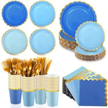 Imagem de Kochorie 140 peças de artigos de festa azul para 20 convidados, conjunto de louça descartável, inclui pratos recortados, guardanapos, copos, talheres, utensílios de mesa, para festa de aniversário
