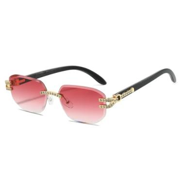 Imagem de Óculos de Sol Femininos de Luxo com Armação Degradê Sem Aro, Design Personalizado com Diamantes, Estilo Casual e Proteção UV400 (Dourado e Vermelho)