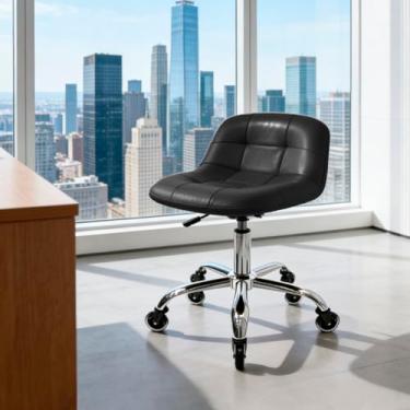 Imagem de Cadeira de rodinhas com rodas, banqueta ajustável em altura com suporte para as costas, cadeira de vaidade resistente com almofada de couro PU para salão de beleza, massagem, cozinha, tatuagem
