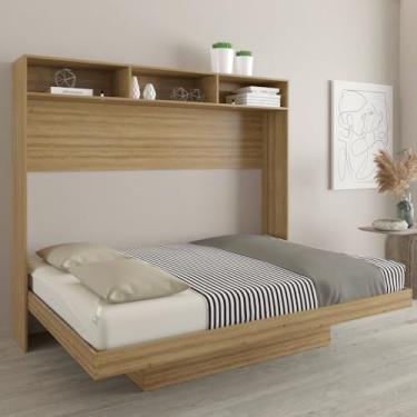 Imagem de Cama Articulada Casal Horizontal com Nichos e Prateleiras Amendoa