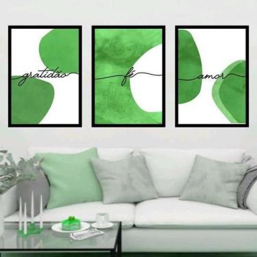 Imagem de Kit 3 Quadros Gratidão, Fé, Amor - Verde 45X34Cm - Quadros On-Line