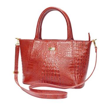 Imagem de Bolsa Couro Legítimo Feminina Vermelha Tote Transversal Tiracolo Média