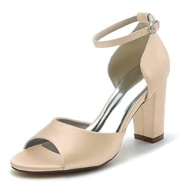 Imagem de Sapatos de noiva femininos de salto alto grossos sapatos de marfim sapatos de cetim sapatos sociais sapatos de salto alto 36-43,Champagne,3 UK/36 EU