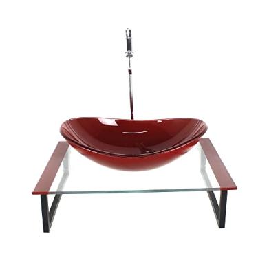 Imagem de KIT CUBA DE VIDRO OVAL 10MM COM TAMPO 50CM VERMELHO CEREJA E SUPORTE PRETO