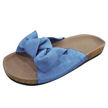 Imagem de Chinelos para mulheres, sandálias rasteiras com strass aberto nos dedos elástico sem cadarço conforto casual sandálias de caminhada, Azul, 4.5