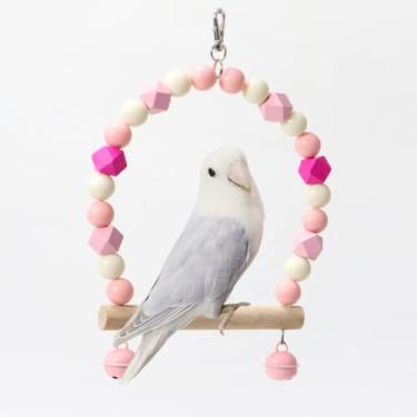 Imagem de Balanço de pássaro de madeira para calopsitas papagaio brinquedos pendurados periquitos suportes gaiola playground acessórios ginásios brinquedo de escalada de sino de contas coloridas para periquitos periquitos conures periquitos (rosa)