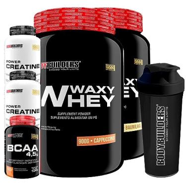 Imagem de Kit 2x Waxy Whey Protein 900g + 2x Power Creatina 100g + BCAA 4,5 100g + Coqueteleira - Bodybuilders (Baunilha e Cappuccino)