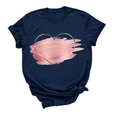 Imagem de Kasituny Camisetas femininas de verão camiseta estampa de coração cor sólida simples adorável blusa estampada streetwear, Azul, Large, Macia
