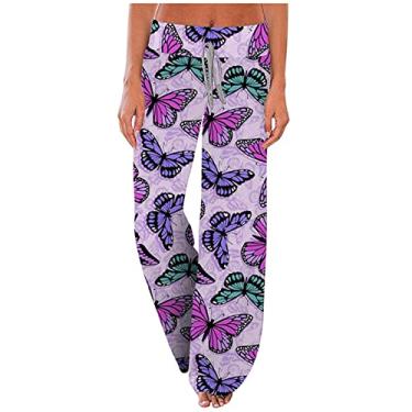 Imagem de Pijama feminino floral solto faixa atlética corte alto flare perna larga pijama pijama feminino 2024, Q-99 Roxo, P