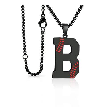 Imagem de LYNNON Colar de beisebol com letra A-Z com pingente de aço inoxidável, acessórios esportivos de beisebol, presentes masculinos com corrente de caixa de 51 + 5 cm - preto/prata, Aço inoxidável, Sem Pedra Preciosa
