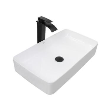 Imagem de Kit Cuba Pia Louça Cerâmica Banheiro C/Torn E Vál Preta 54 - Smart Nor