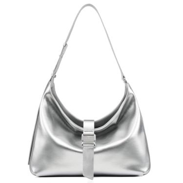 Imagem de LA FESTIN Bolsa Hobo de couro dividida para mulheres, bolsa transversal despojada com alça ajustável, bolsa grande espaçosa para viagens, Prata