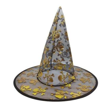Imagem de Chapéu de Bruxa Transparente Preto - Caveira Dourada - Halloween - 1 u