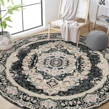 Imagem de Castage Tapete redondo preto de 1,8 m, tapetes grandes para quarto, sala de estar, sala de jantar, lavável, boêmio, vintage, boêmio, envelhecido, oriental, antiderrapante, floral