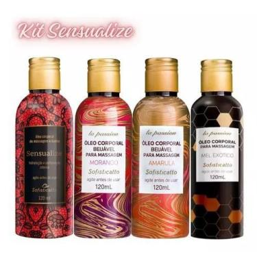 Imagem de Kit 1 Óleo Beijável Massagem Morango + 1 Amarula + 1 Sensualize + 1 Me