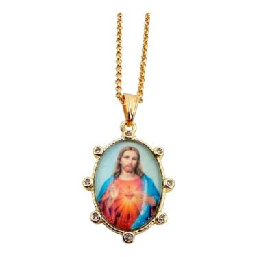 Imagem de LESLIE BOULES Colar com pingente de coração sagrado de Jesus banhado a ouro 18K - 45,7 cm, símbolo do amor divino com medalha colorida e detalhes em zircão, Medium, Banhado a ouro, Sem Pedra Preciosa