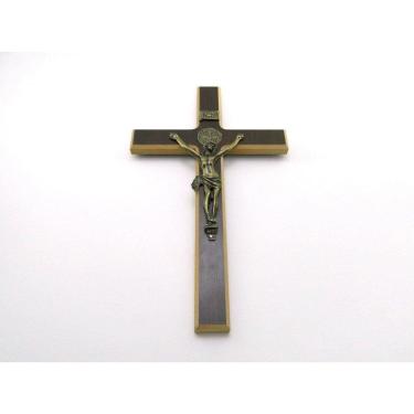 Imagem de Crucifixo De Parede Madeira Escura E Metal 34 Cm