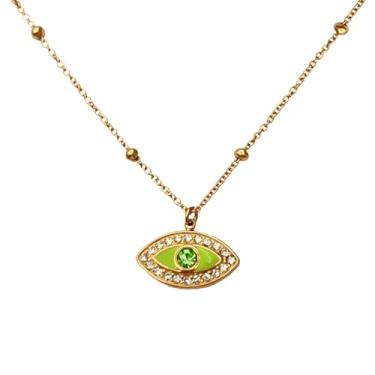 Imagem de UniLogue Colar de contas de bambu de pedra natural olho do mal moderno pingente de cadeado de zircônia verde banhado em aço inoxidável banhado a ouro 18K corrente em camadas, Medium, Aço inoxidável