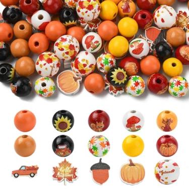 Imagem de Stiesy 100 peças, 15 estilos, tema outono, outono, contas de madeira, espaçador, pinha, abóbora, folha de bordo, formato de caminhão, contas de artesanato de madeira para o dia de Ação de Graças