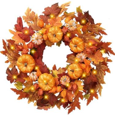 Imagem de Sggvecsy Guirlanda de outono artificial de 53 cm com abóboras laranjas e folhas de bordo, capa de fruta, groselhas, para ambientes externos, ambientes internos, festivais, dia de Ação de Graças