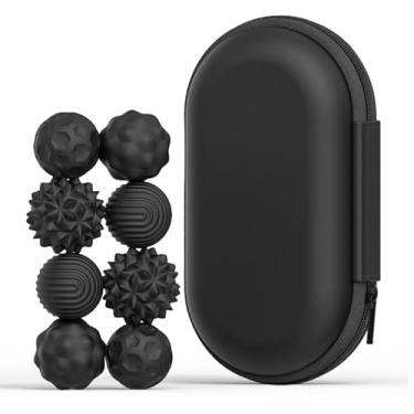 Imagem de Bolas Sensoriais Magnéticas Anti-Estresse, 8 Peças, Texturas Variadas em Silicone, com Estojo Portátil (Preto)