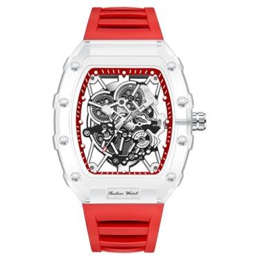 Imagem de Gosasa Relógio de pulso masculino moderno esqueleto de quartzo Tonneau Face à prova d'água moderno analógico esportivo casual com caixa transparente, pulseira de silicone, Vermelho, Tendência