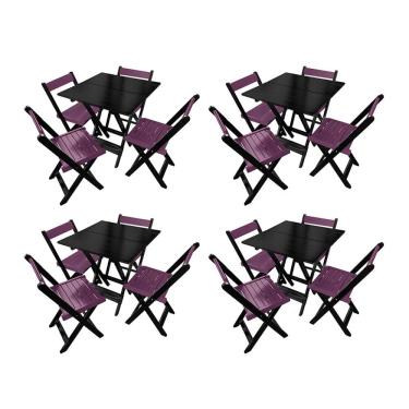 Imagem de Kit 4 Mesas de Madeira Dobrável Preto 70x70 com 4 Cadeiras Dobráveis Roxo