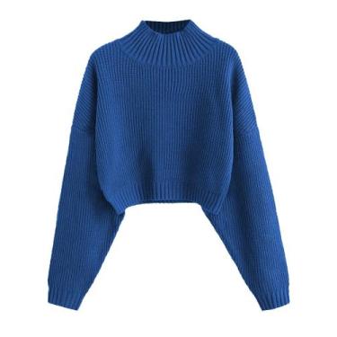 Imagem de Suéter feminino ZAFUL de gola alta recortada, manga lanterna, azul