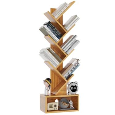 Imagem de YMYNY Estante de árvore de 6 camadas, estante alta, prateleira de madeira para armazenamento de livros com gaveta, prateleira moderna de chão para livros/filmes/CDs, organizador utilitário para sala
