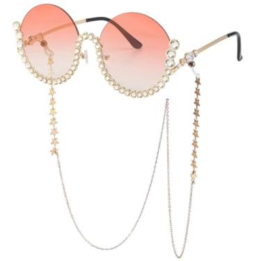 Imagem de Óculos de sol femininos de luxo, armação circular, imitação de diamante, com corrente, UV400 (dourado, gradiente rosa)