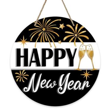 Imagem de Bolisom Feliz Ano Novo 2026 Sinal para porta da frente, cabide de madeira champanhe preto dourado para fogos de artifício ao ar livre, varanda, decoração de casa, celebração de Natal, inverno