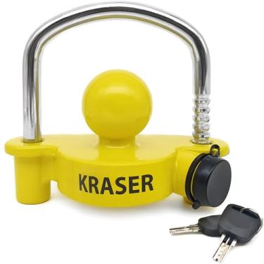 Imagem de KRASER KR815 Trava de acoplador de reboque, chave de alta segurança curvada antifuração, aço reforçado resistente, amarelo brilhante mais dissuasor, segurança de armazenamento ajustável, trava de