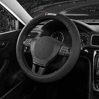 Imagem de NASCAR Capa de volante, patchwork de couro preto em dois tons, ajuste universal de 36,8 a 39,4 cm, capas de direção para carros, antiderrapante, aderência macia, sem odor, caminhões e SUVs
