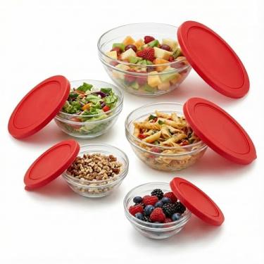 Imagem de Conjunto 5 Potes de Vidro Redondos com Tampa Vermelha, Kit de 5 Tigelas para Armazenamento, Mantimentos e Marmita, Design Empilhável, Seguro para Micro-ondas e Freezer