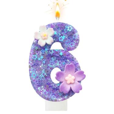 Imagem de Vela de aniversário de flor roxa, número 1 de velas de aniversário para bolo, 1 vela para primeiro aniversário, decoração de bolo, aniversário de casamento e outras celebrações (roxo 6)