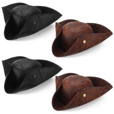Imagem de Chicingyou 4 peças de chapéus de pirata de couro sintético, boné colonial de tricórnio para festa à fantasia de adulto, acessórios extravagantes (preto, marrom)
