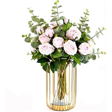 Imagem de LMJYU Flor artificial com vaso de orquídea, flores artificiais em vaso, buquê de seda falsa, arranjos de flores realistas, decoração de casamento para casa (C)