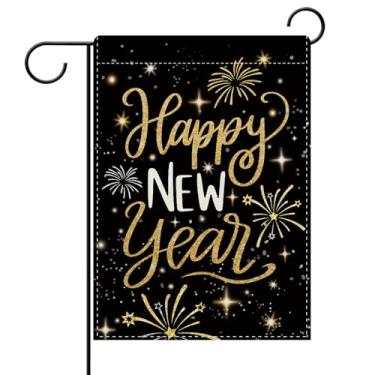Imagem de Dyrenson Feliz Ano Novo 2026 Bandeira decorativa de jardim, fogos de artifício de ouro preto com glitter decoração externa para casa, decoração pequena de serapilheira de Natal inverno exterior dupla