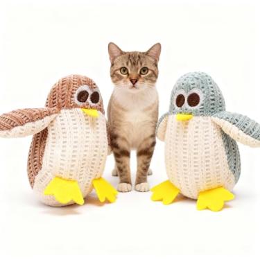 Imagem de VisnzvLux Brinquedo para mastigar gatos, pelúcia macia de pinguim com pés amarelos, brinquedo de dentição durável para gatinhos e gatos adultos, alívio do tédio